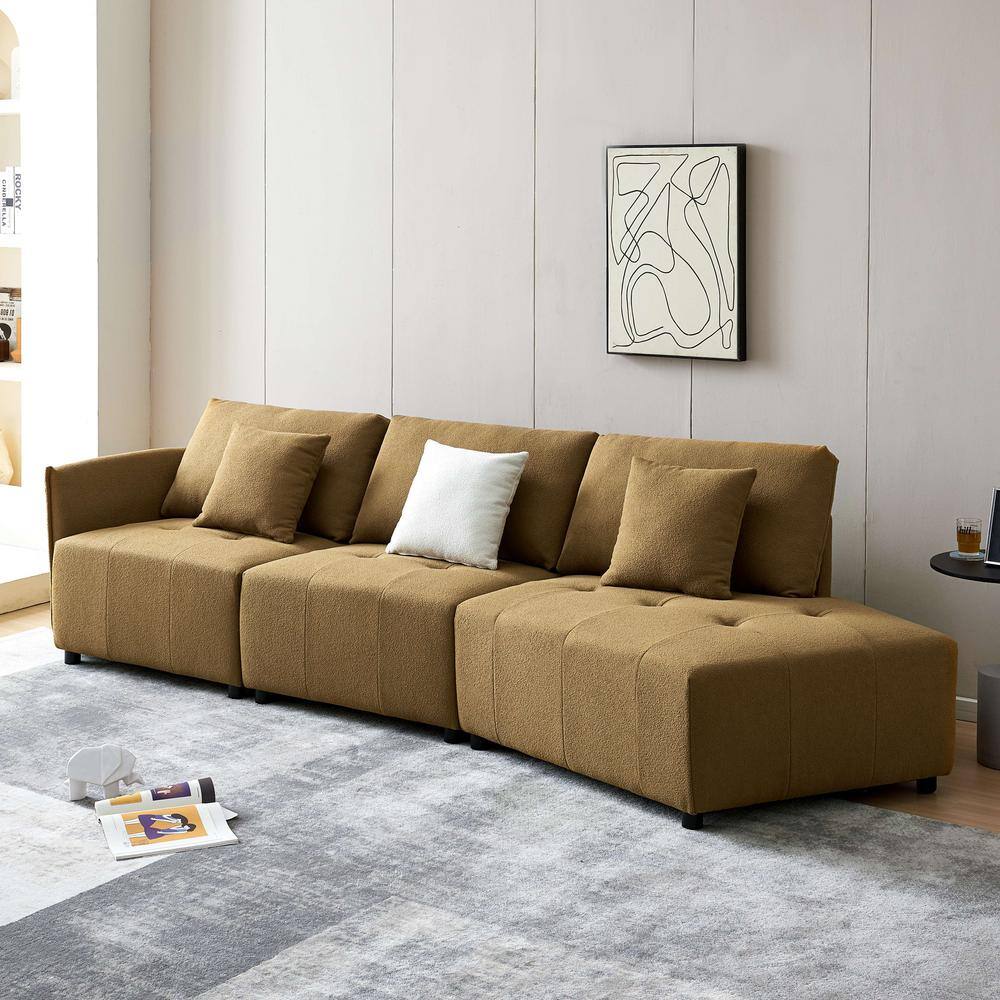 KINWELL 120 in. Teddy Fabric Upholstered Sectional Sofa in. Brown with ...