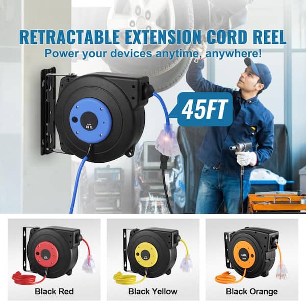 45 ft., 12 Gauge / 3 Conductors, 15 Amps Retractable Extension Cord Reel with 3-Outlets