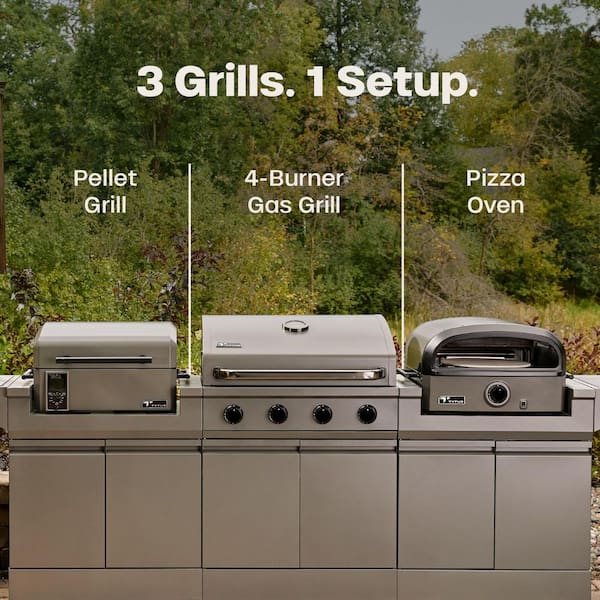 Modular Grilling Island with Anaheim 4-Burner Gas Grill, Pellet Smoker with Cart, and Pizza Oven with Cart in Gray