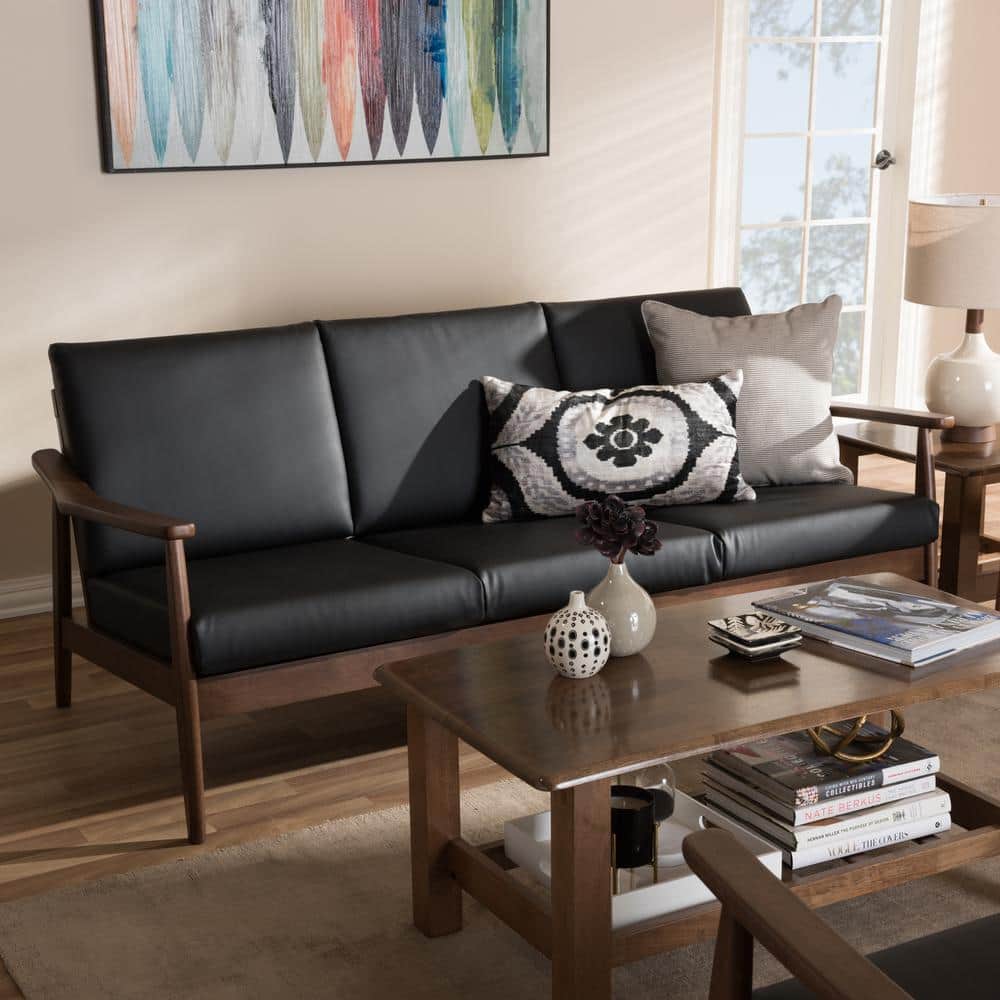 Venza Mid-Century Modern Black Faux Leather Walnut Wood 3-Seater Sofa