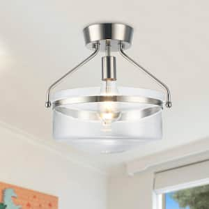 13 in. 1 Light Nickel Farmhouse Semi-Flush Mount with Clear Glass Shade for Corridor Stairway Closet, No Bulbs Included