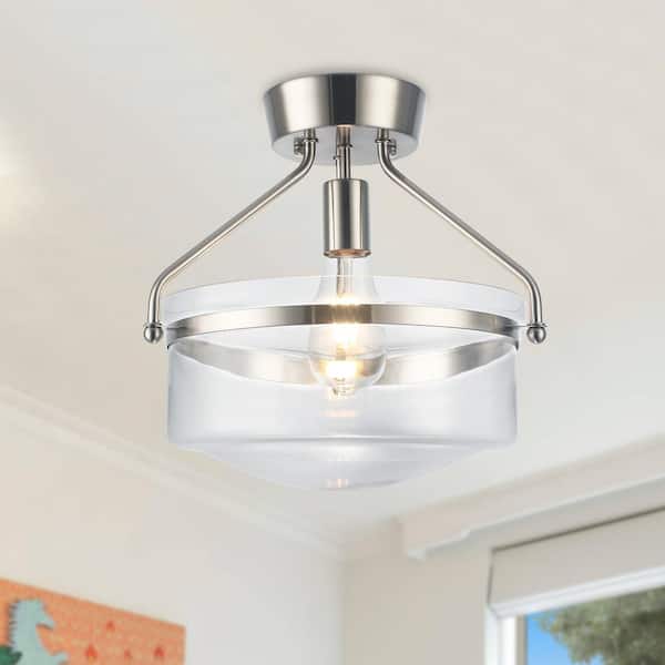 LWYTJO 13 in. 1 Light Nickel Farmhouse Semi-Flush Mount with Clear Glass Shade for Corridor Stairway Closet, No Bulbs Included