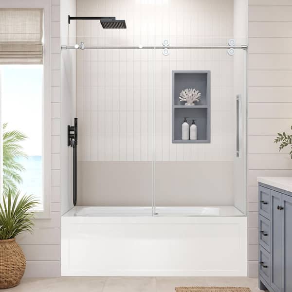 56-60 in. W x 58 in. H Single Sliding Frameless Tub Shower Door in Brushed Nickel with Easy-Clean Nano-Coated Glass