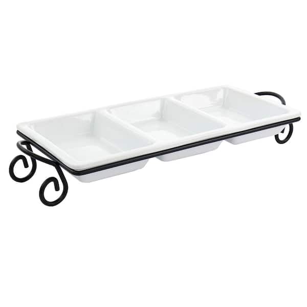 Elama 15.75 in. L x 7 in. W x 1.60 in. H 3-Compartment White Divided Porcelain Serving Tray with Metal Rack (Set of 2)