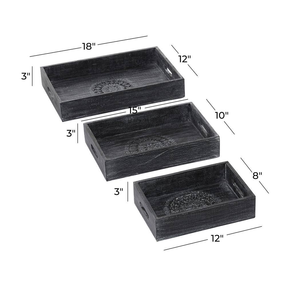 Black Wood Intricate Carved Floral Decorative Tray Set