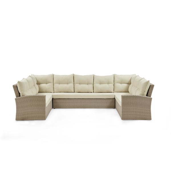 Pure Garden Canaan Beige All-Weather Wicker Outdoor Horseshoe Sectional Sofa with Cream Cushions