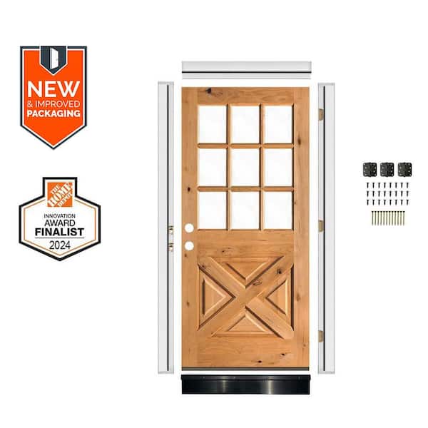 32in.x80in. Alder X-Panel RH 1/2-Lite Clear Glass Clear Stain Wood AssemblyRequired Front Door Kit w/QuickAssembleJamb