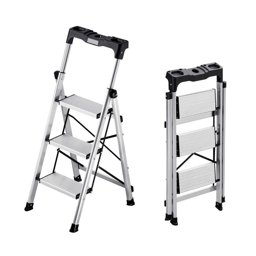 Aluminum 3 Step Ladder 8 ft. Folding Step Stool with Handgrip, Anti-Slip Pedals 330 lbs. Capacity, Silver, 2025 update price history on PriceWatchPro