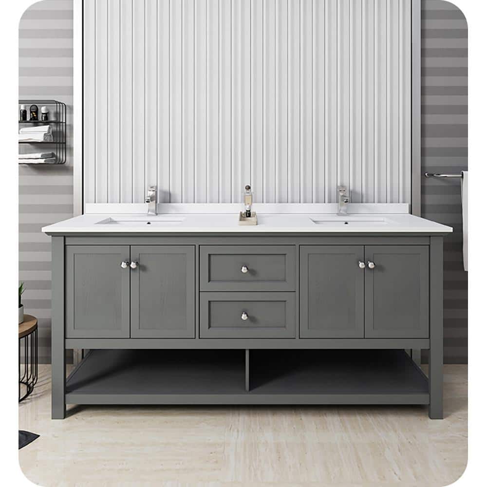 Gray Solid Wood and MDF Freestanding Double Sink Bathroom Vanity