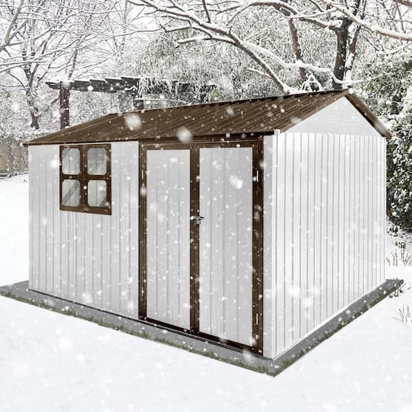 8 ft. x 10' Metal Outdoor Storage Shed Tool Shed, Covered Area (80 sq. ft.) with Lockable Door and Window, White+Coffee