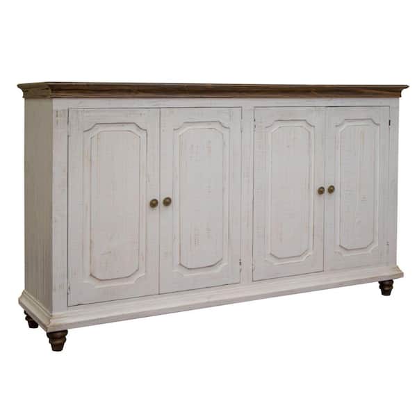 Benjara White, Brown and Antique Gold Wood Top 71.25 in. Sideboard with 4-Door Handles