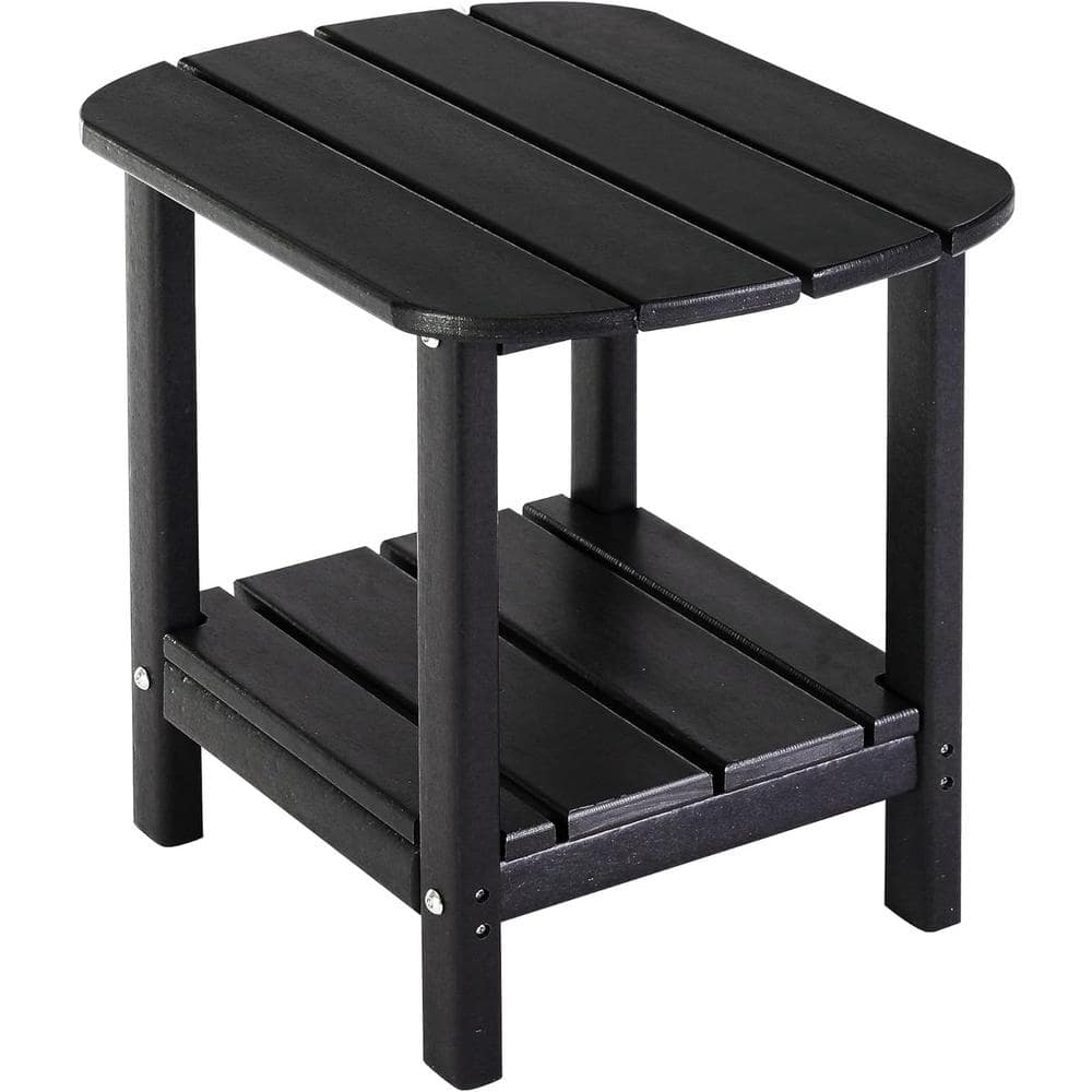 Black Oval HDPE Outdoor Side Table with Storage Shelf