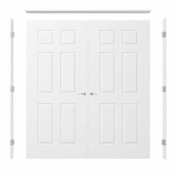 72 in. x 80 in. 6-Panel Universal-Handed Painted Solid Core Wood Double Prehung French Door Plus Quick Assemble Jamb