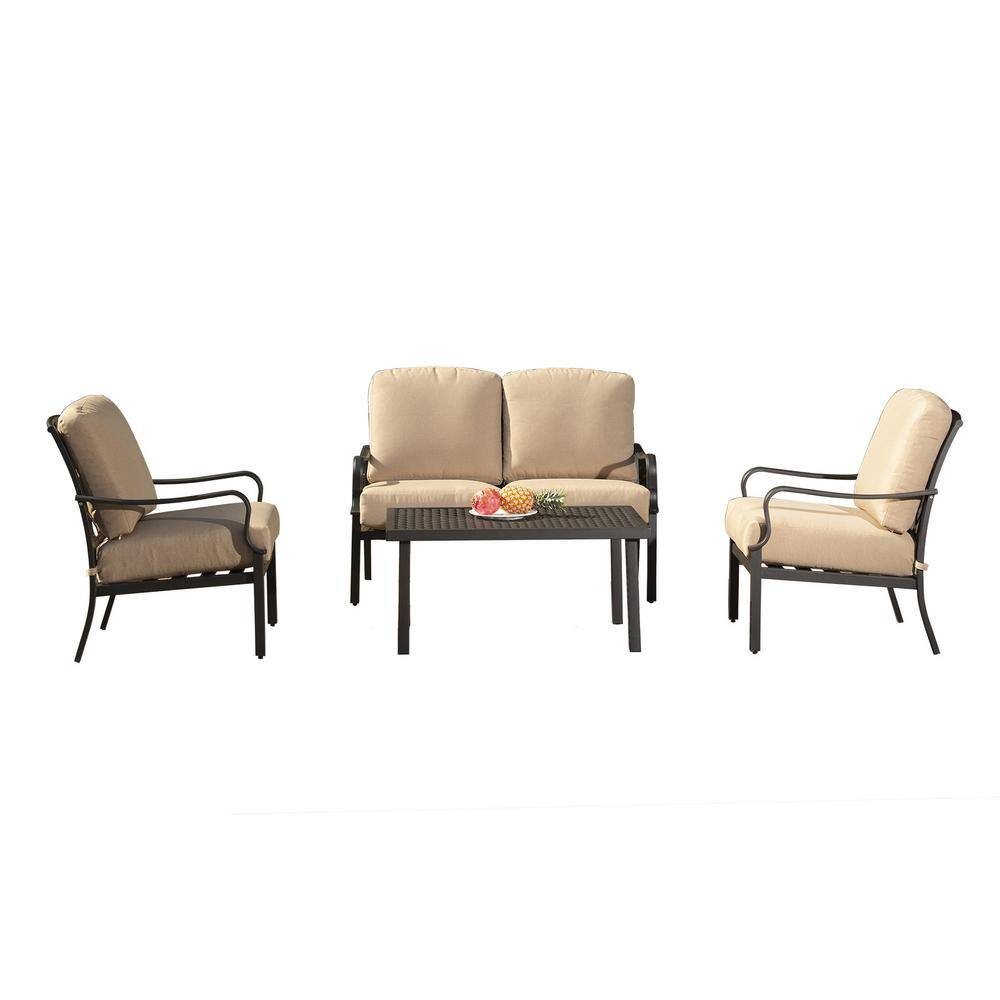 Brown 4 Pieces Metal Outdoor Sectional Set with Metal Dining Table and Remo