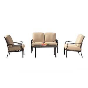 Brown 4 Pieces Metal Outdoor Sectional Set with Metal Dining Table and Removable Beige Cushions for Garden Lawn Yard