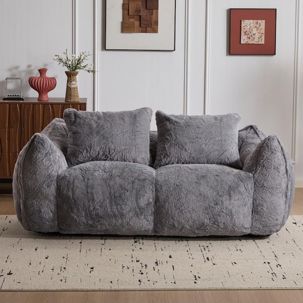 75.2 in. W Round Arm Artificial Rabbit Fur Rectangle Sofa in Grey with 2-Pillows, Compressed and No Assembly Required
