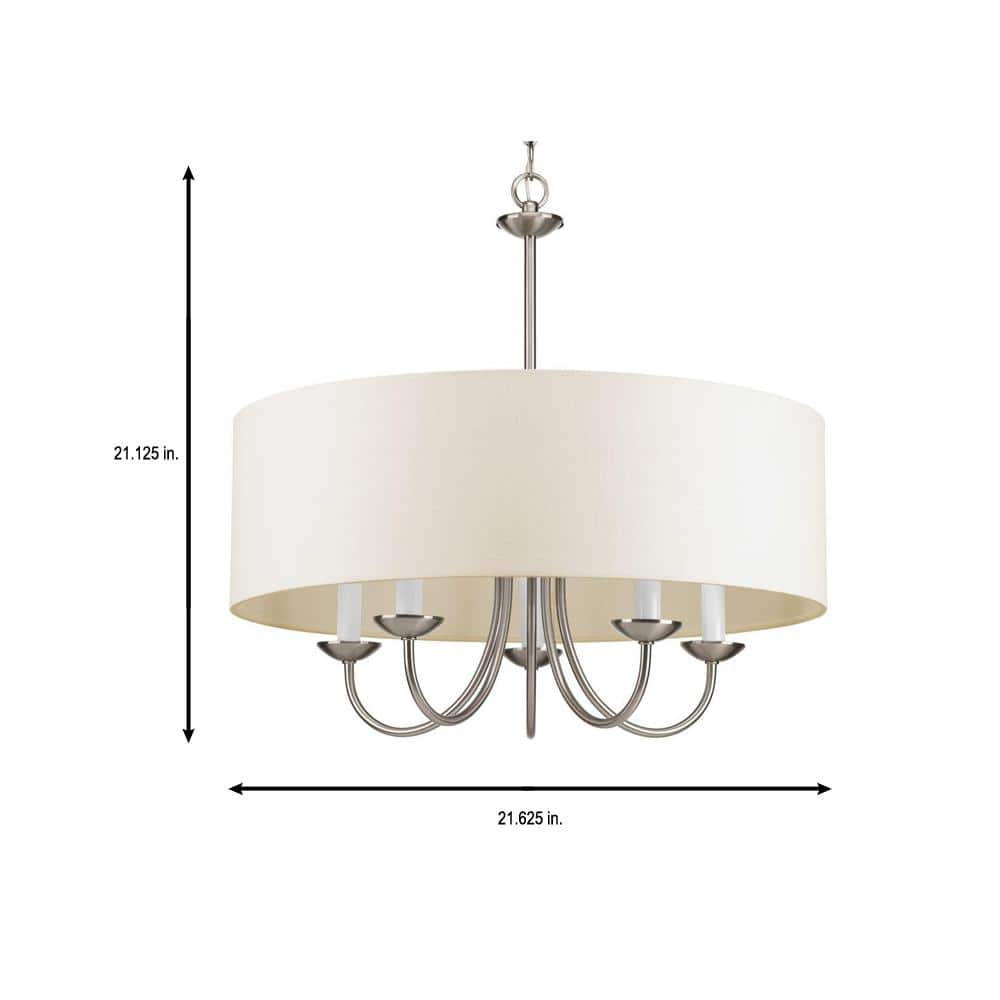 Brushed Nickel Drum Shade 5-Light Pendant with White Linen