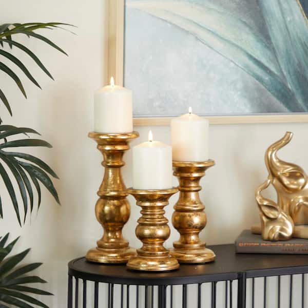 Litton Lane Gold Mango Wood Turned Style Pillar Candle Holder (Set of 3 ...