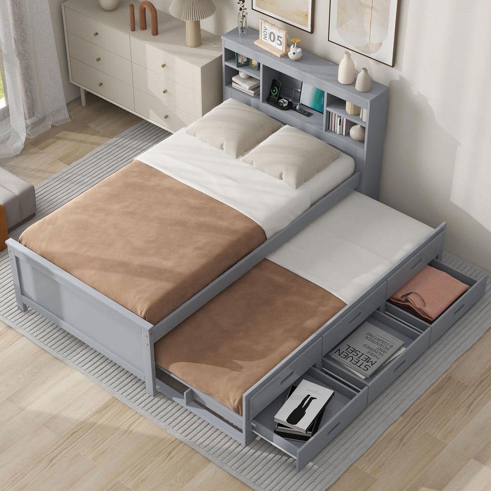 Gray Wood Frame Twin Platform Bed with Storage Headboard, USB, Trundle and 3 Drawers price history on PriceWatchPro