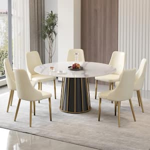 White Sintered Stone 59 in. Pedestal Marble Dining Table 8-Seats