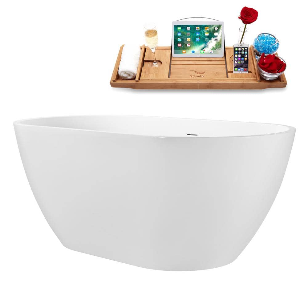 59" Glossy White Acrylic Freestanding Soaking Tub with Tray