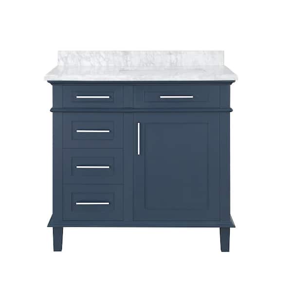 Home Decorators Collection Sonoma 36 in. W x 22 in. D x 34.50 in. H Bath Vanity in Midnight Blue with Carrara Marble Top