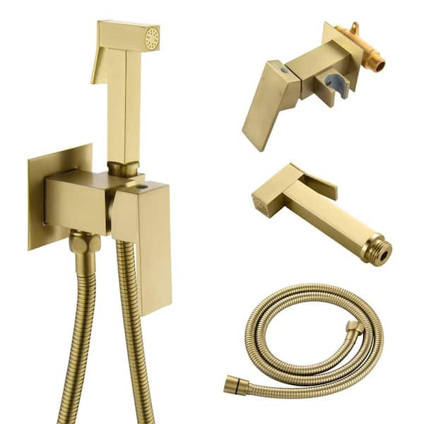 Warm Water Handheld Bidet Attachment with Hot and Cold Brass Rough-in Valve Stainless Steel Hose Brushed Gold