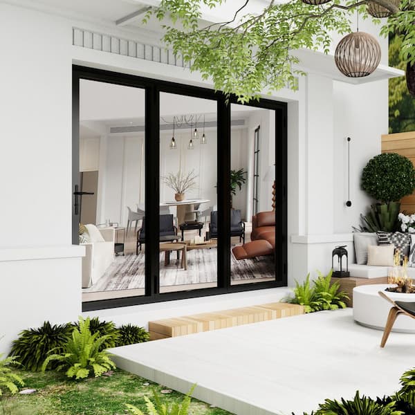 108 in. x 80 in. Right Swing/Outswing Double Tempered Glass Black Aluminum Folding Patio Door (3-folding)