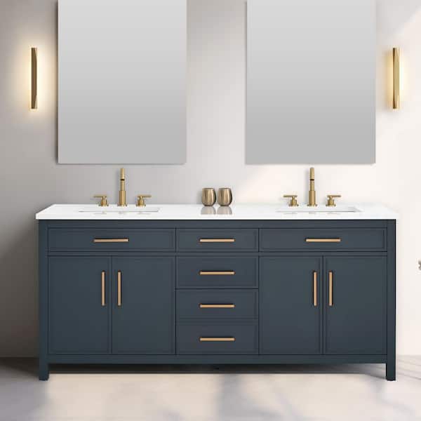 Cooper 72 in. W Bath Vanity in Vintage Blue with Engineered Stone Top in Ariston White with White Sinks