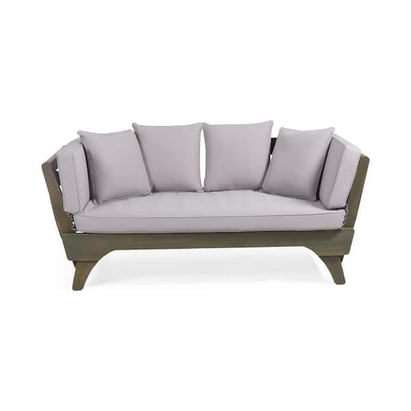 Noble House Serene Grey Wood Expandable Outdoor Patio Day Bed with Grey Cushions
