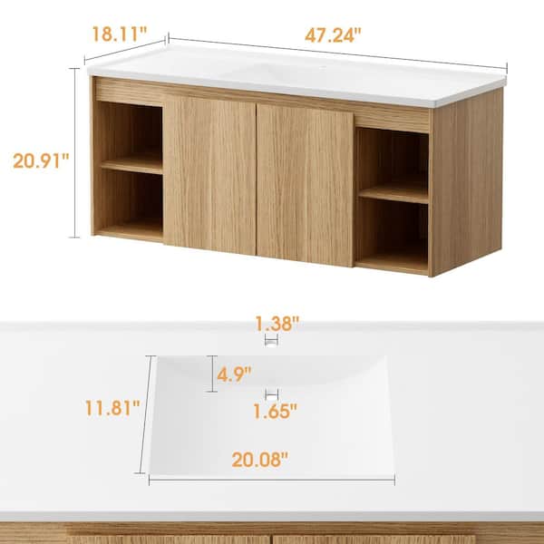 Natural Wood 48 in. Single Sink Floating Bath Vanity with White Resin Top, 2-Soft-Closing Doors and 4-Shelves