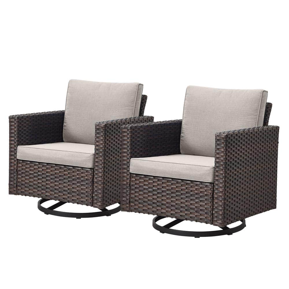 Beige Cushioned Brown Wicker Swivel Glider Armchairs