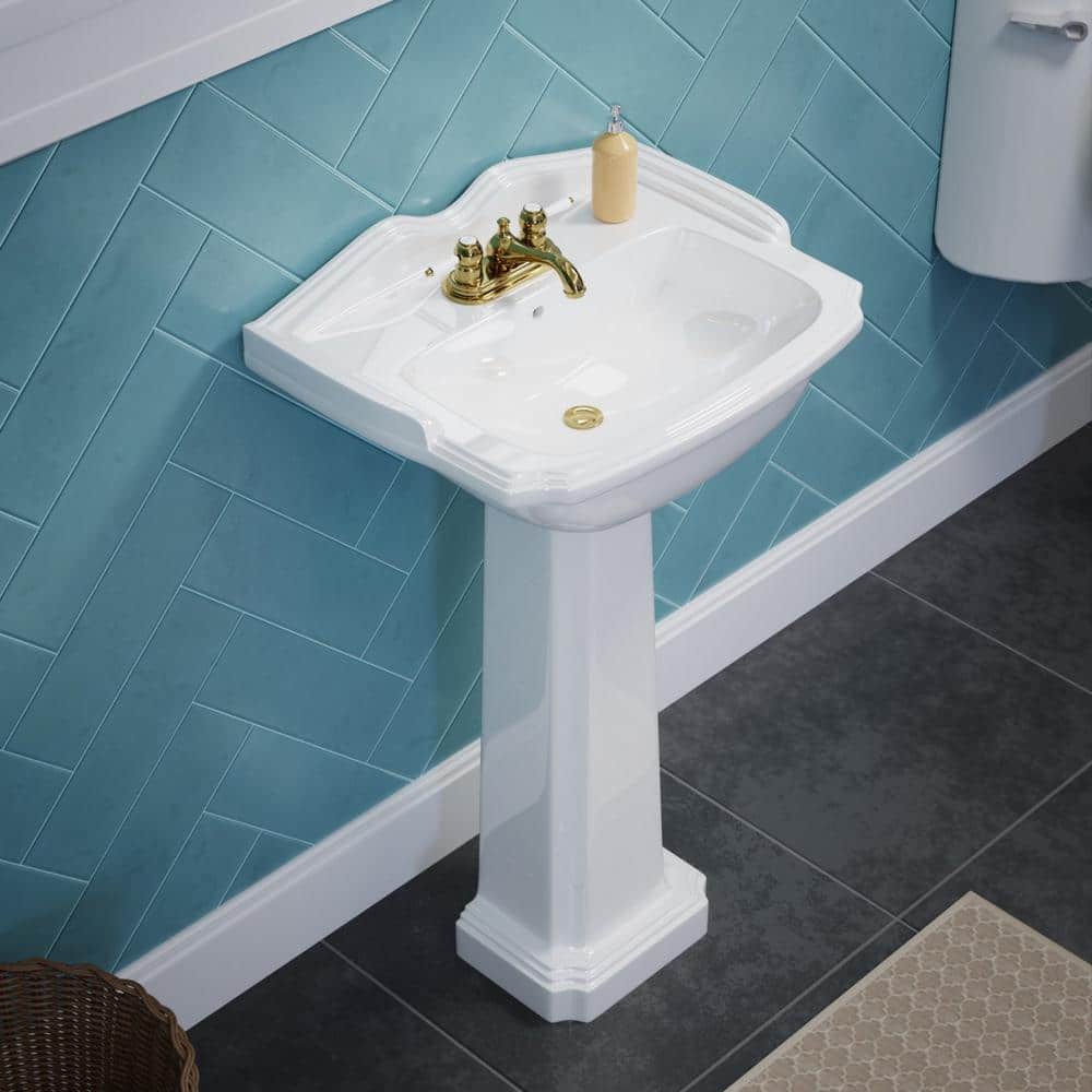White Ceramic Pedestal Bathroom Sink with Overflow