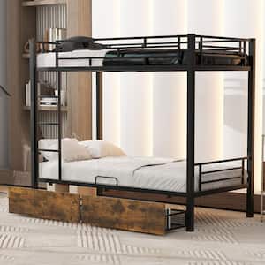 Black Twin over Twin Metal Bunk Bed with Wood Storage Drawers and Ladder