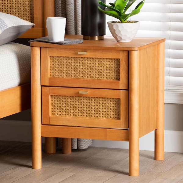 Jenn Golden Brown Wood 2-Drawer Nightstand with Distressed Rattan