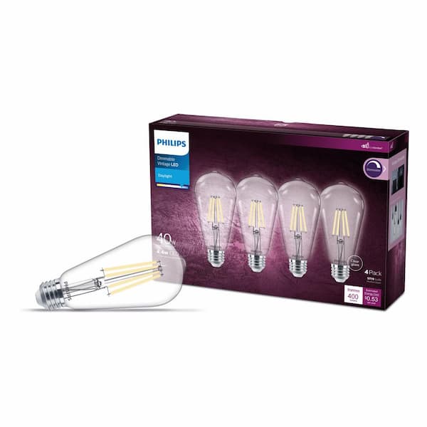 Philips 40-Watt Equivalent ST19 Clear Dimmable E26 Vintage Edison LED Light Bulb EyeComfort Technology Daylight 5000K (4-Pack)