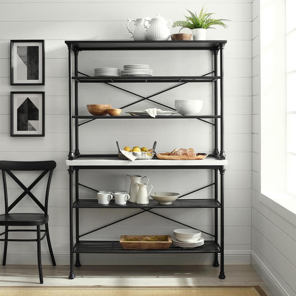 Elegant French Industrial Inspired Matte Black Baker's Rack with Faux Marble Top