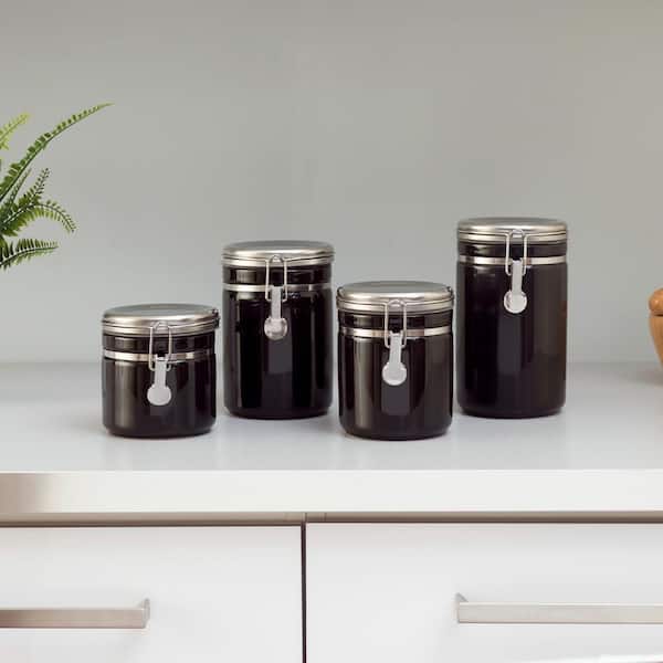 Canister Sets For The Kitchen (4 Piece Set) Brown, High Gloss Ceramic | By  Home Basics | Decorative Kitchen Set | With Wooden Spoons, Countertop Set