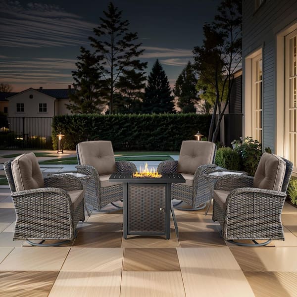 Carlos 7-Piece Wicker Patio Rectangle Fire Pit Conversation Set with Gray Cushions, Swivel Chairs and Side Table