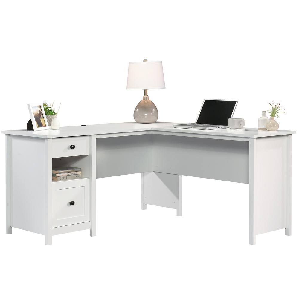 Soft White L-Shaped Executive Desk with Drawer and Filing Cabinet