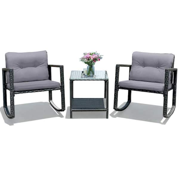 ANGELES HOME 3-Piece Rattan Patio Conversation Set with Rocking Chair, Glass Table Top and Gray Cushions
