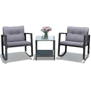 3-Piece Rattan Patio Conversation Set with Rocking Chair, Glass Table Top and Gray Cushions