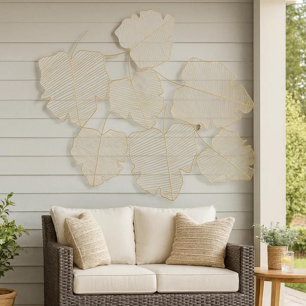 White and Gold Metal Attached Leaves Design Decorative Wall Art