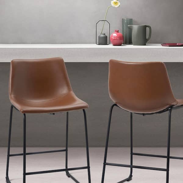Dovelina 34 in. x 19 in. x 18.9 in. Walnut High Back Metal Frame Counter Bar Stool with PU Leather Faux Leather Seat (Set of 2)