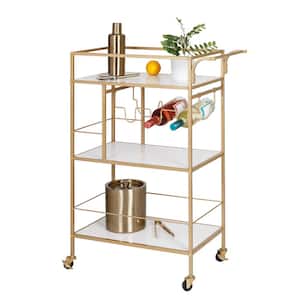 Gold and White 3-Tier Rolling Bar and Serving Cart with Handles