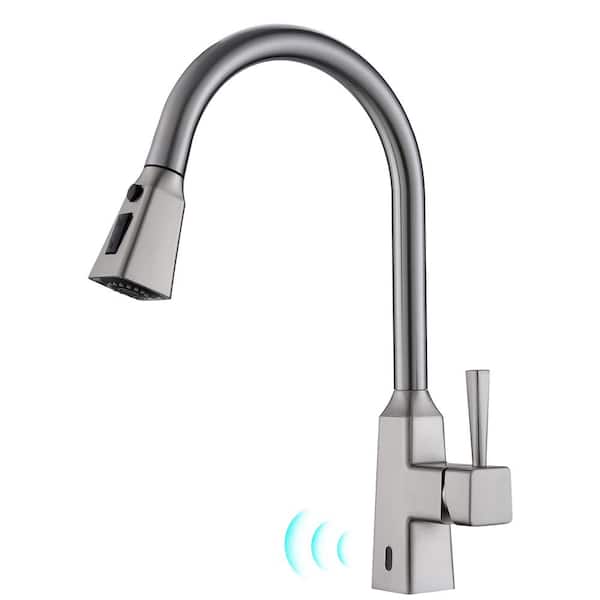 Single Handle Automatic Smart Pull Down Sprayer Kitchen Faucet in Brushed Nickel