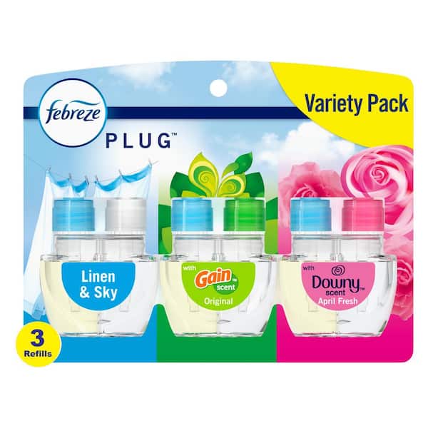 Febreze 2.63 oz Variety Pack Plug Linen & Sky Gain Original, & Downy April Fresh Scent Automatic Air Freshener (3 Refills)