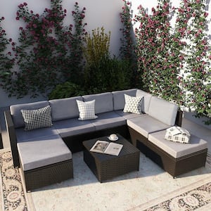 UIXE B2 Black Wicker Outdoor Sectional Set with Gray Cushions