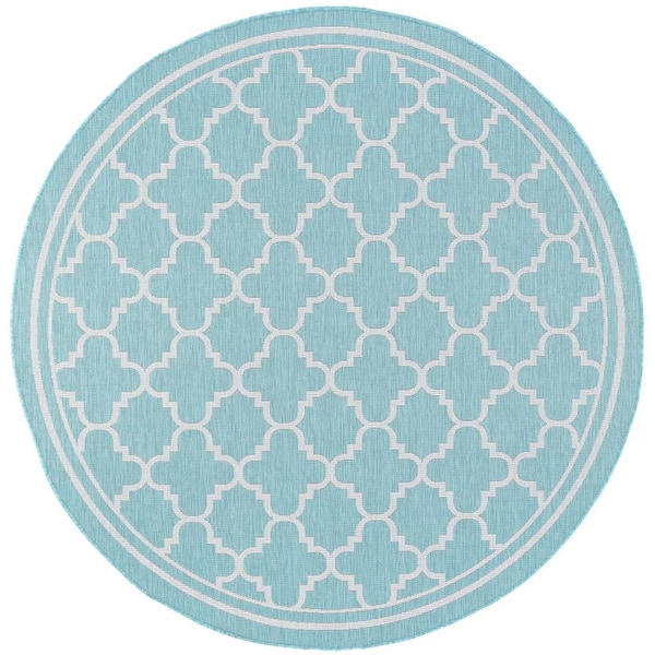 Tayse Rugs Eco Geometric Aqua 6 ft. Round Indoor/Outdoor Area Rug
