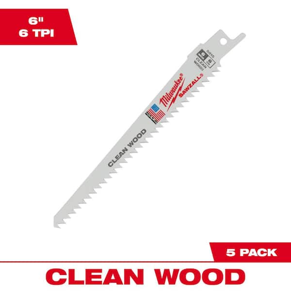 Milwaukee 6 in. 6 TPI Clean Wood Cutting SAWZALL Reciprocating Saw Blades (5-Pack)